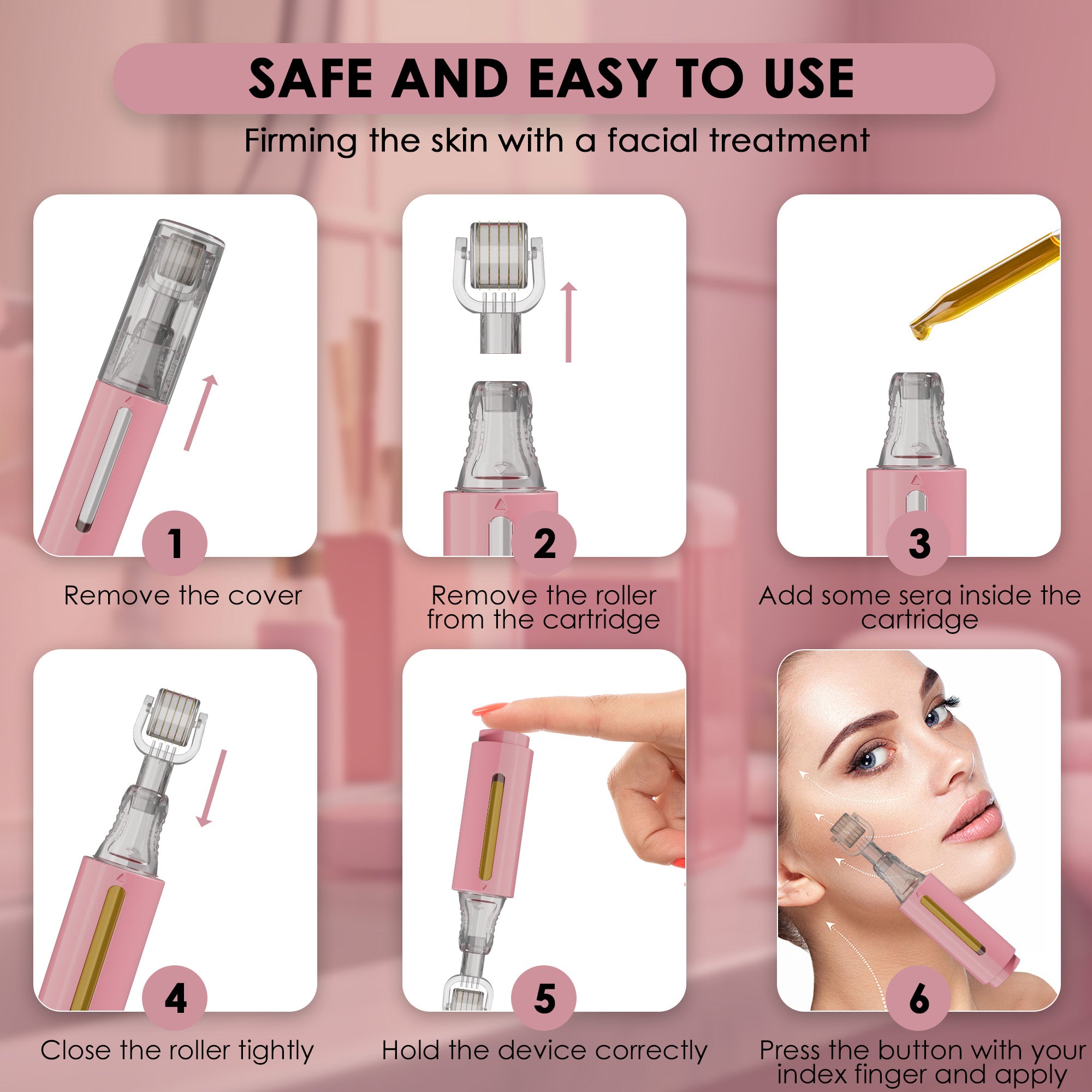 Derma roller con serbatoio, rosa 0,25mm | Haminos®️