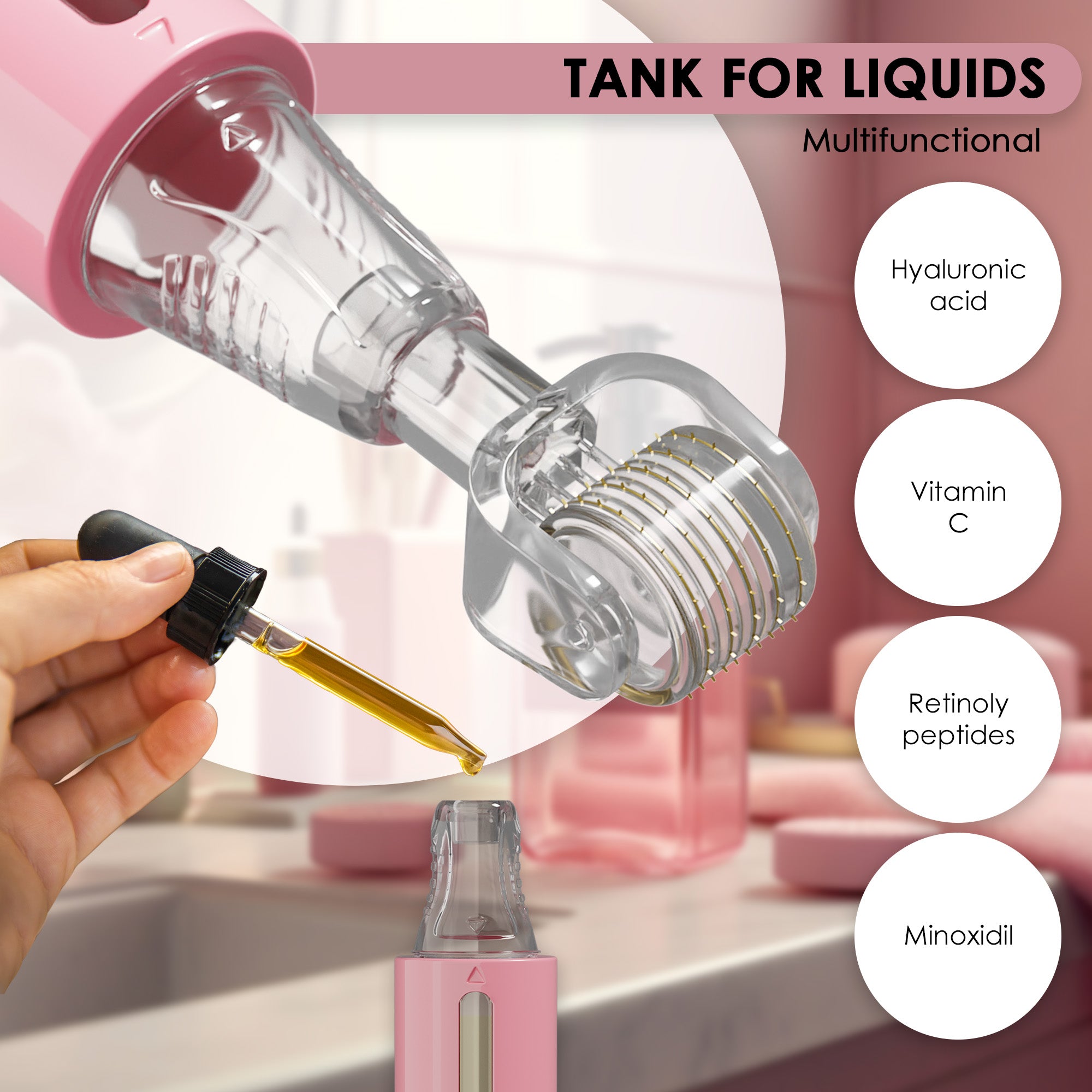 Derma roller con serbatoio, rosa 0,25mm | Haminos®️