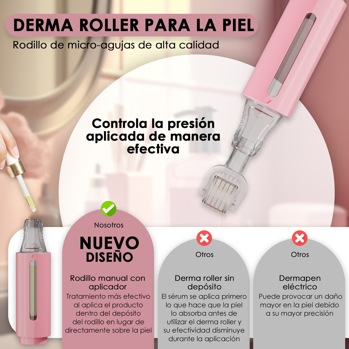 Derma roller con serbatoio per siero, rosa 0,25 mm