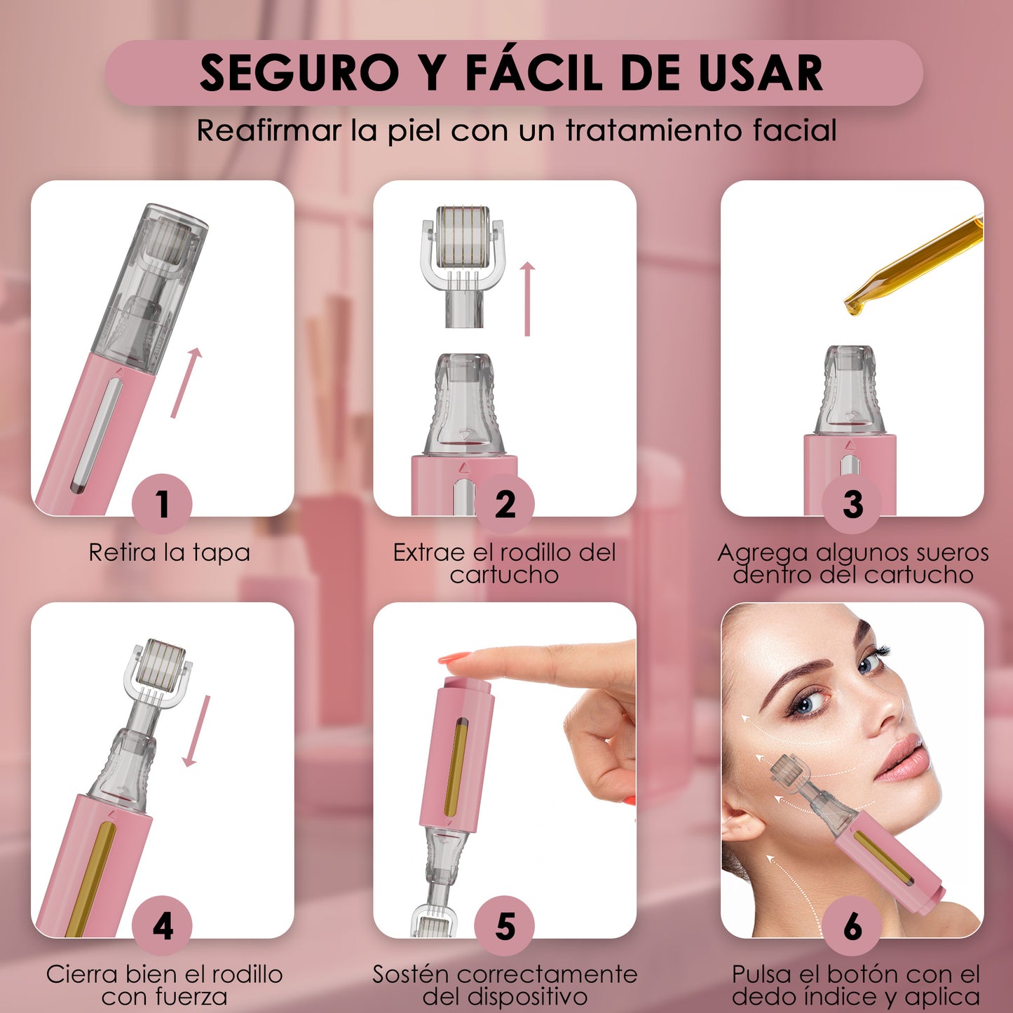 Derma roller con serbatoio per siero, rosa 0,25 mm