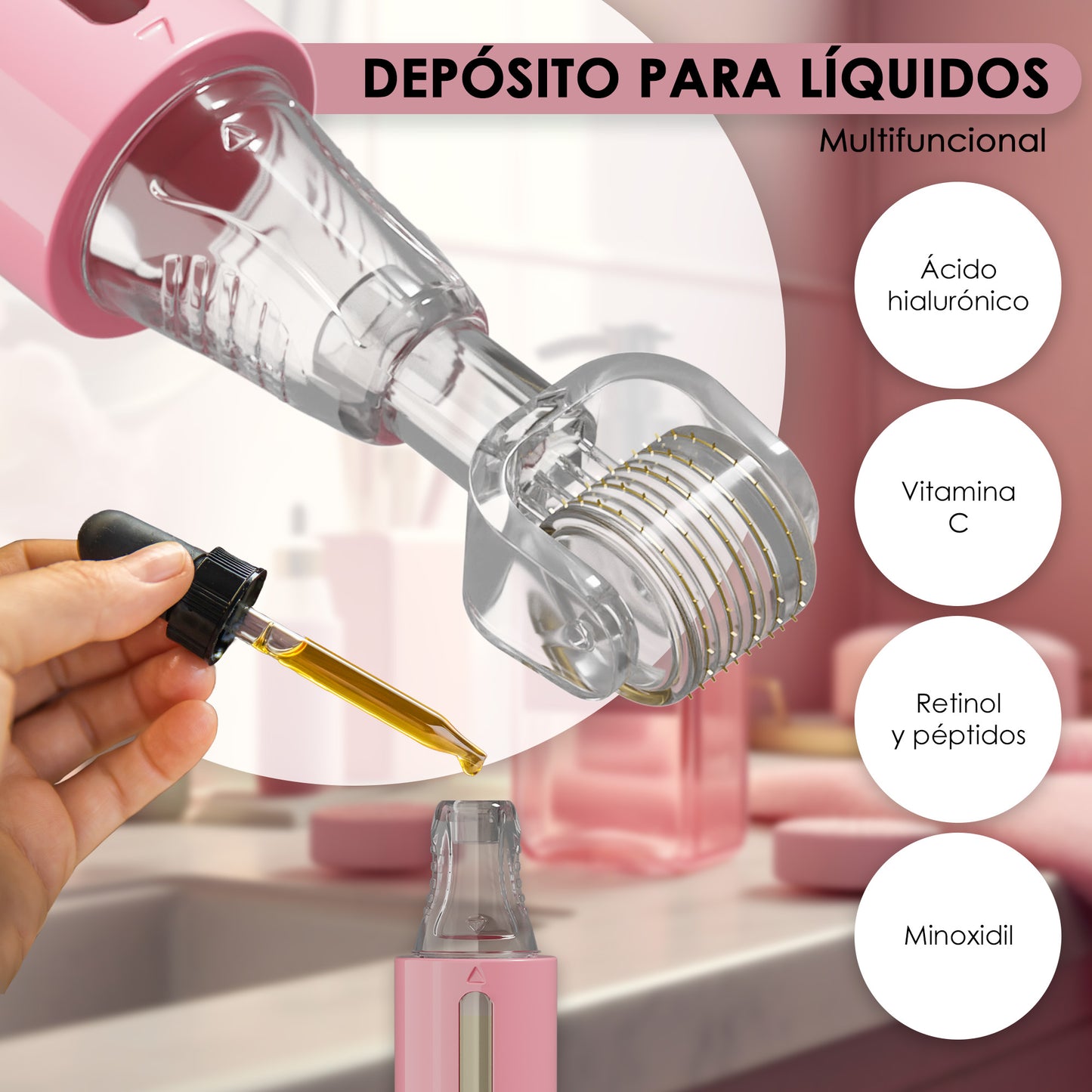 Derma roller con serbatoio per siero, rosa 0,25 mm