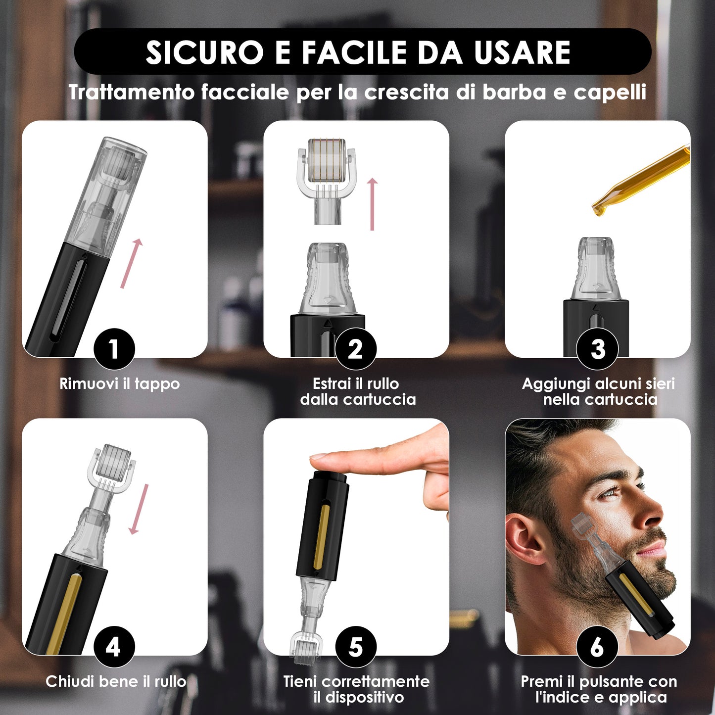 Derma roller con serbatoio per siero, nero 0,25 mm