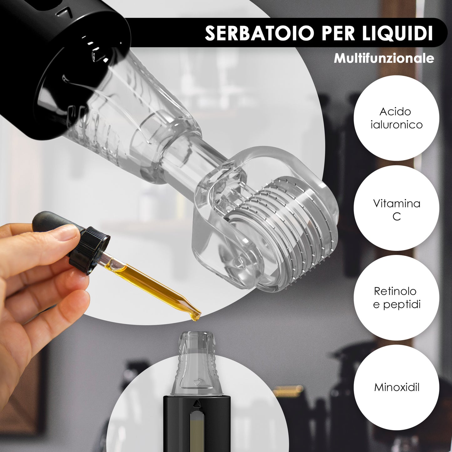 Derma roller con serbatoio per siero, nero 0,25 mm