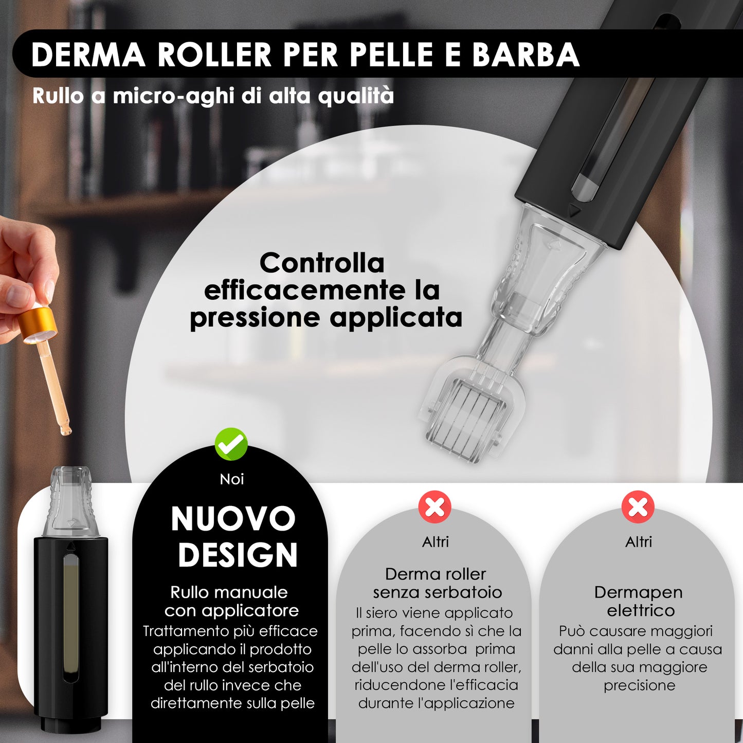 Derma roller con serbatoio per siero, nero 0,50 mm