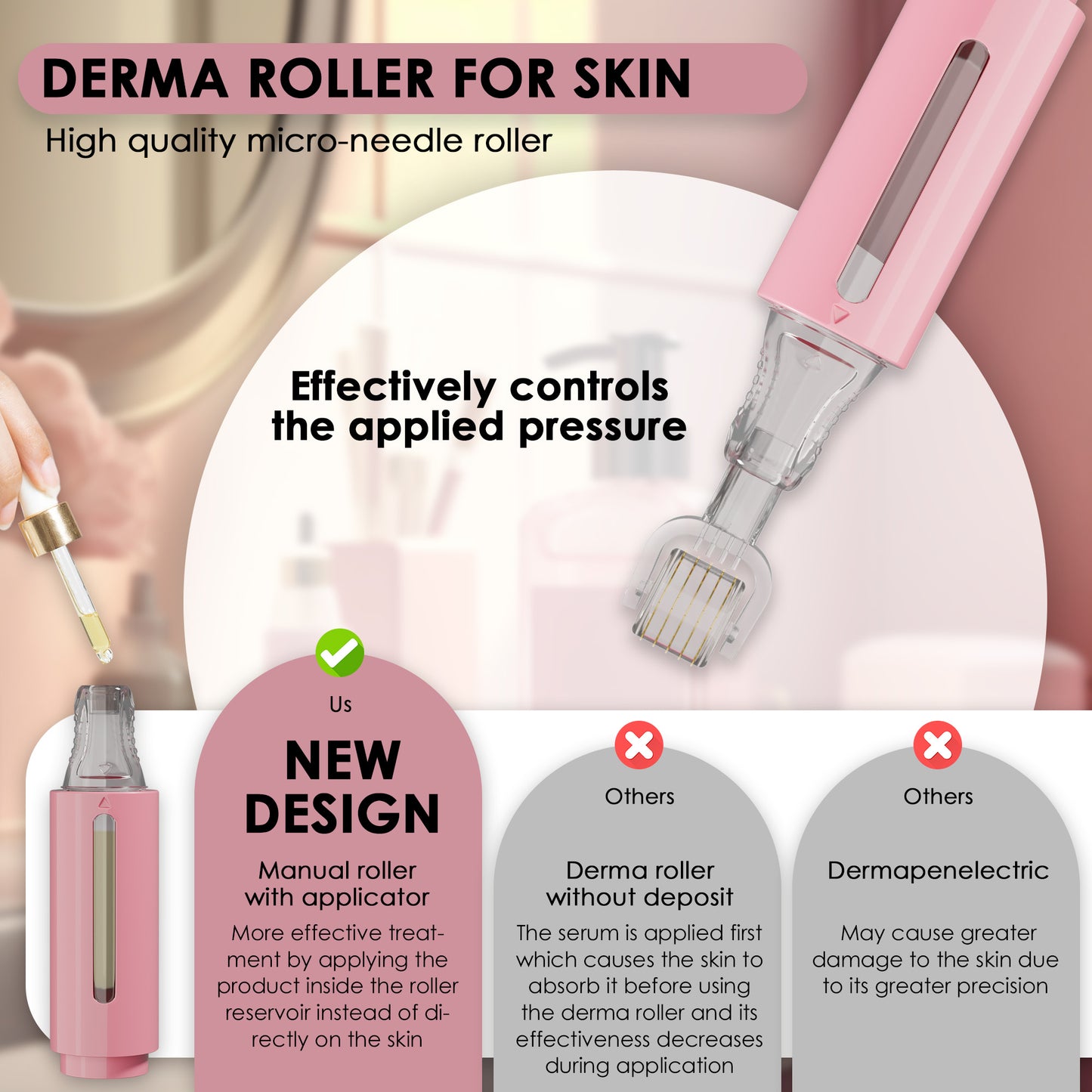 Derma roller con serbatoio per siero, rosa 0,50 mm