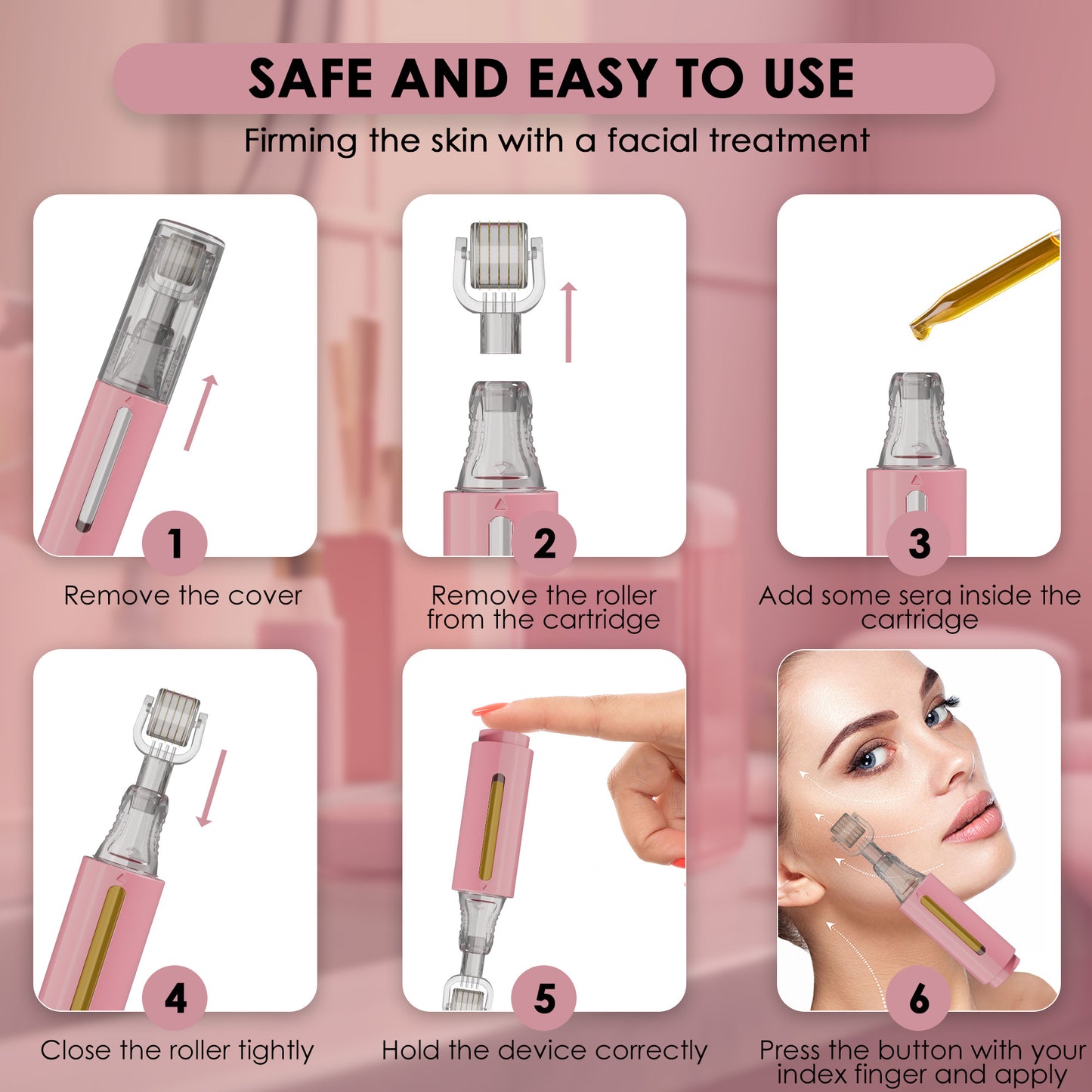 Derma roller con serbatoio per siero, rosa 0,50 mm