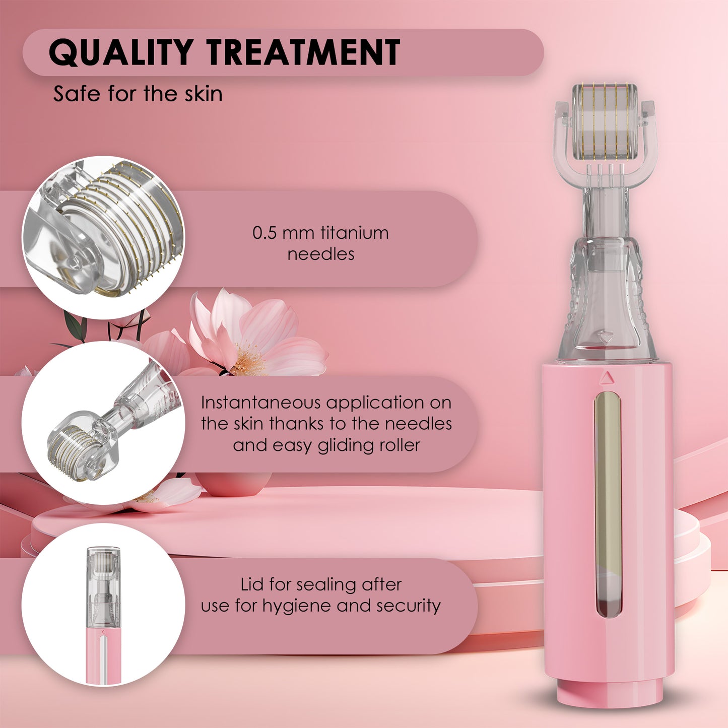 Derma roller con serbatoio per siero, rosa 0,50 mm